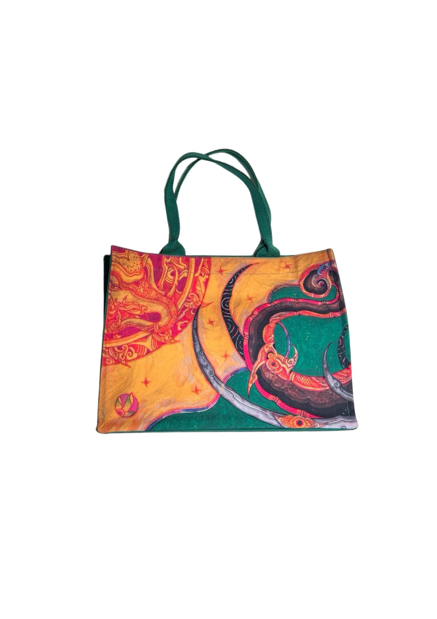 green bag with patterns from the "Thepthasutha"