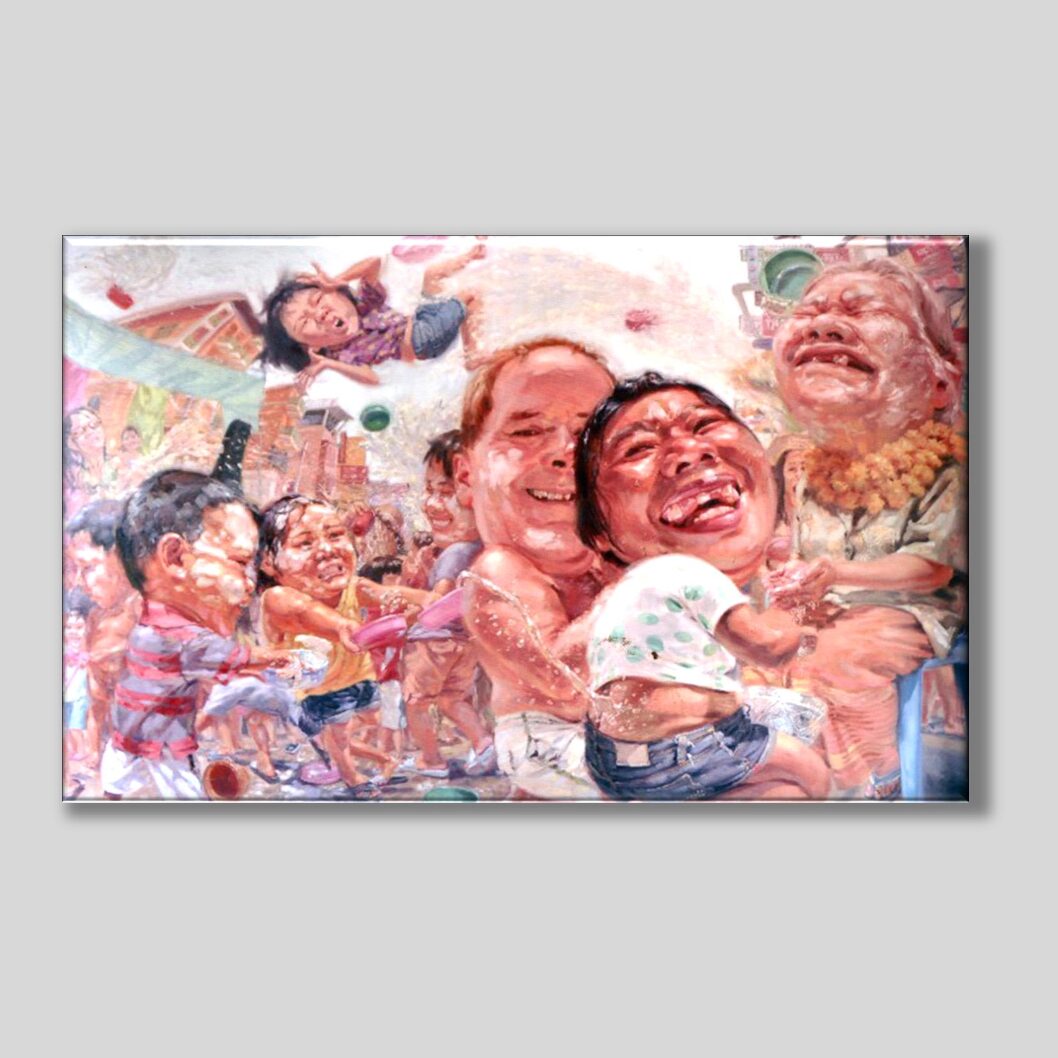 ภาพพิมพ์บนผ้าใบ "สงกรานต์" โดย ลำพู กันเสนาะ