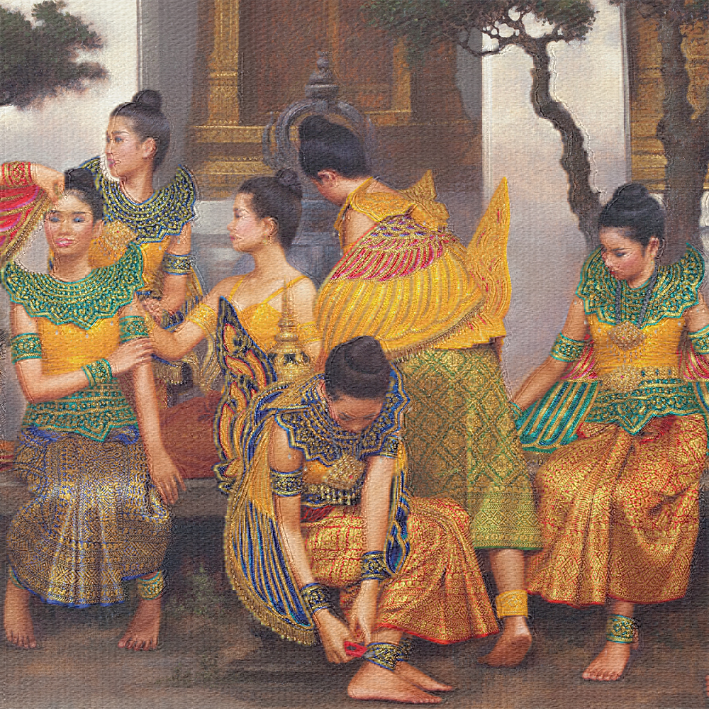 ภาพพิมพ์บนผ้าใบ “แต่งตัว 1” โดย เริงศักดิ์ บุณยวาณิชย์กุล